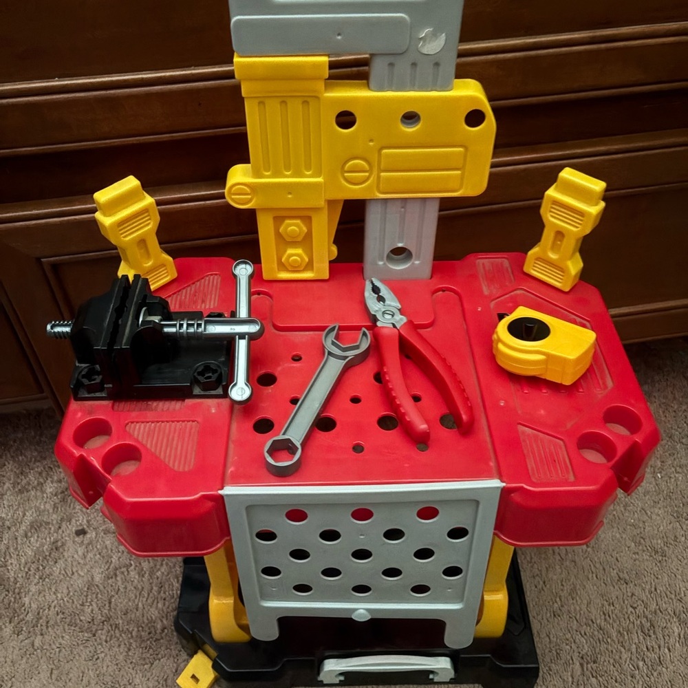 Kids Workshop Tool Bench Set - Red, Yellow, and Gray
